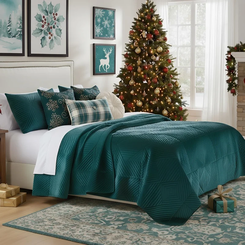 Greenland Home Barefoot Bungalow Riviera Quilt and Pillow Sham Set, Dutch Velvet Face Microfiber Back 100% Polyester Fill, Teal, King/California King (3 Piece)