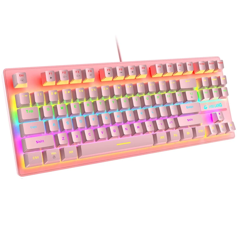 K2 Mechanical Gaming Keyboard, Wired Mini 87 Keys Blue Switch Mechanical Compact Keyboard with 8 Rainbow Backlit Mode,12 Multimedia Button, 29 Keys Anti-ghosting for Gamers and Typists-Pink