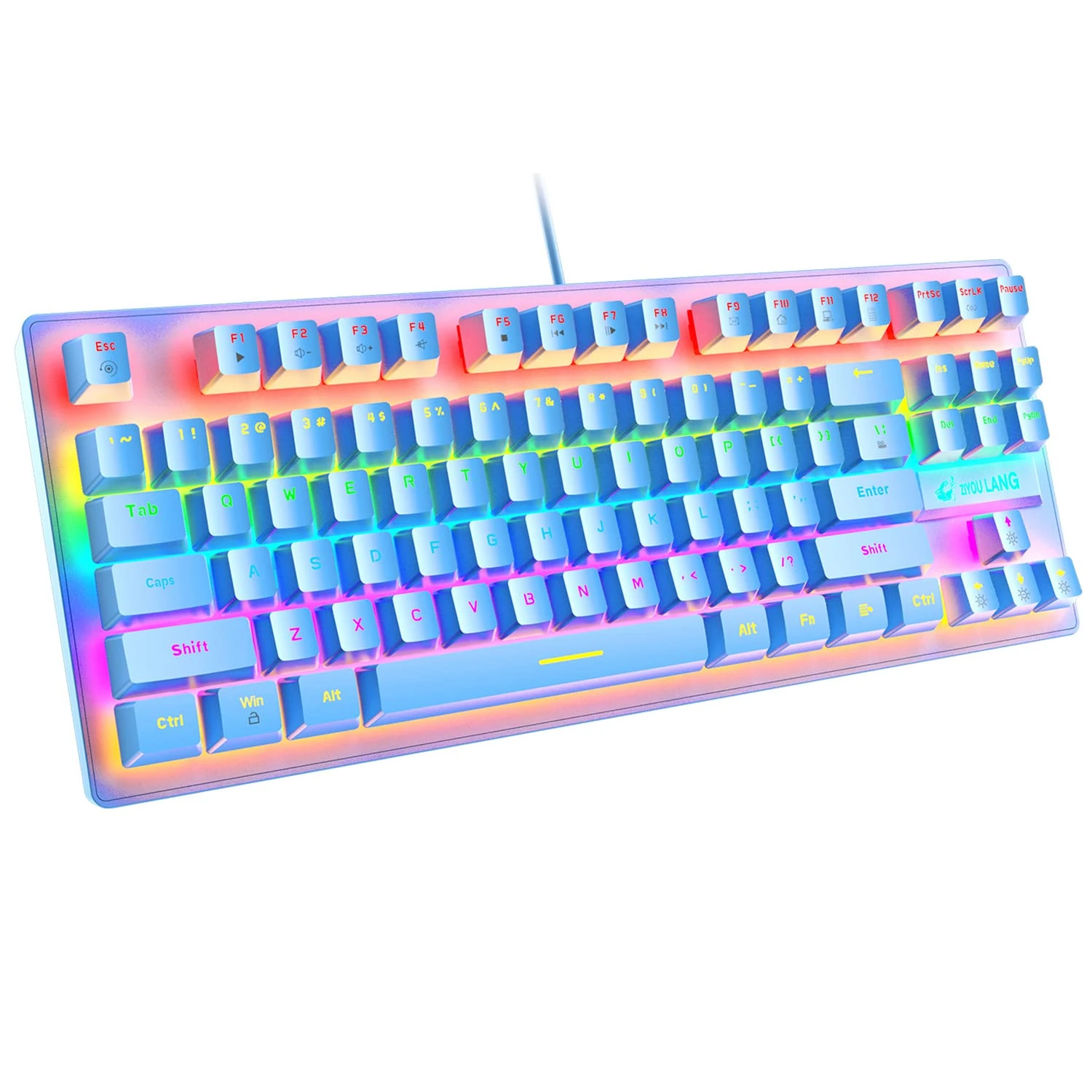 K2 Mechanical Gaming Keyboard, Wired Mini 87 Keys Blue Switch Mechanical Compact Keyboard with 8 Rainbow Backlit Mode,12 Multimedia Button, 29 Keys Anti-ghosting for Gamers and Typists-Blue
