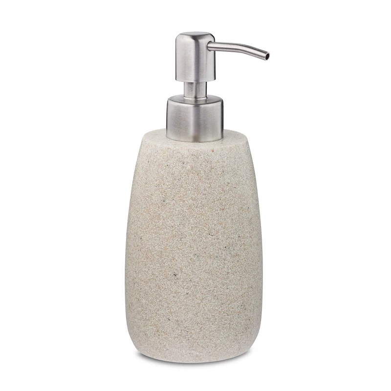 Relaxdays Soap Dispenser, Round, 300 ml, Refillable, Bathroom, for Liquids, Polyresin, Stainless Steel Pump, Beige