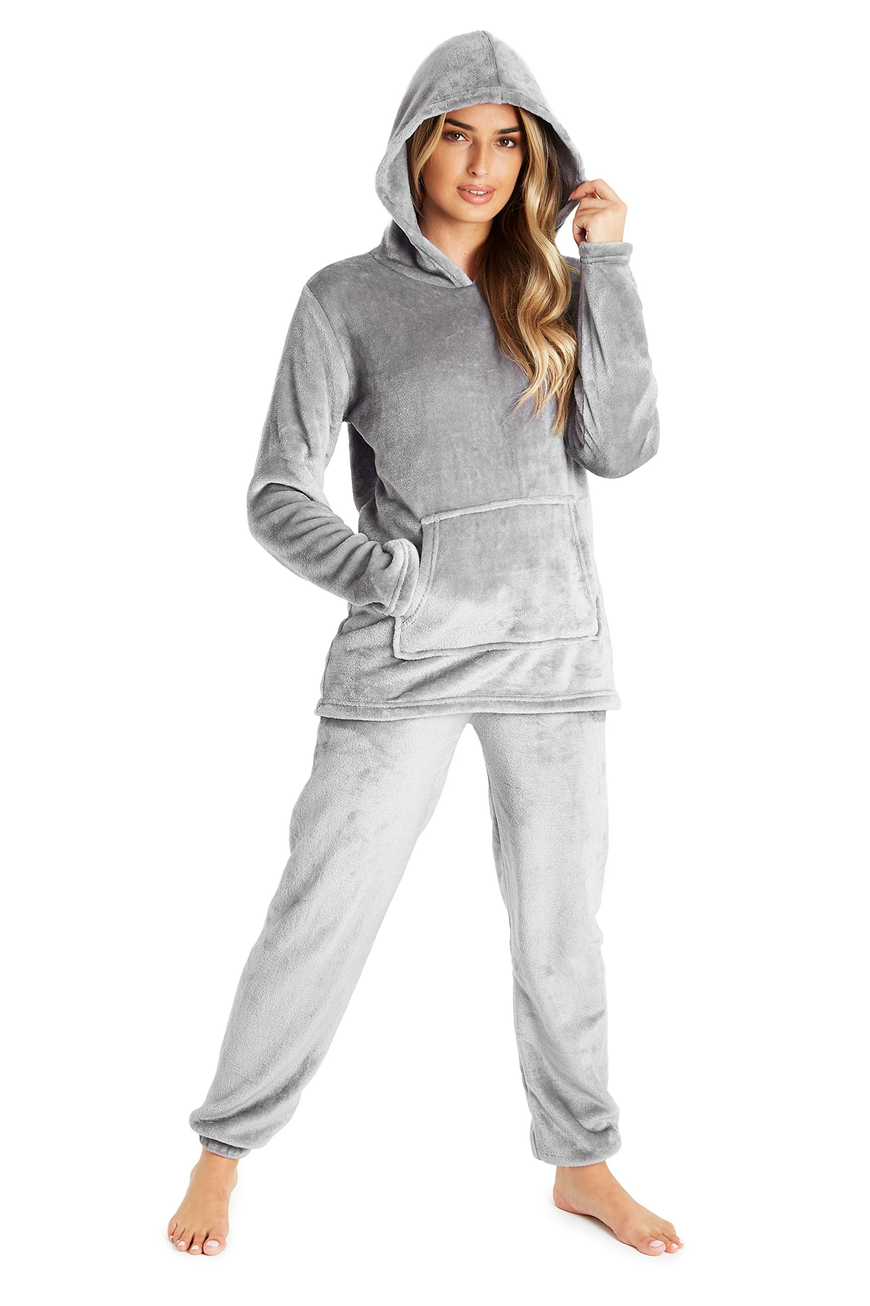 CityComfort Pyjamas Set for Women and Teens Fleece Hooded Long PJs Warm Loungewear Fluffy Nightwear Soft Cosy Sleepwear Gifts for Her (Grey, XL)