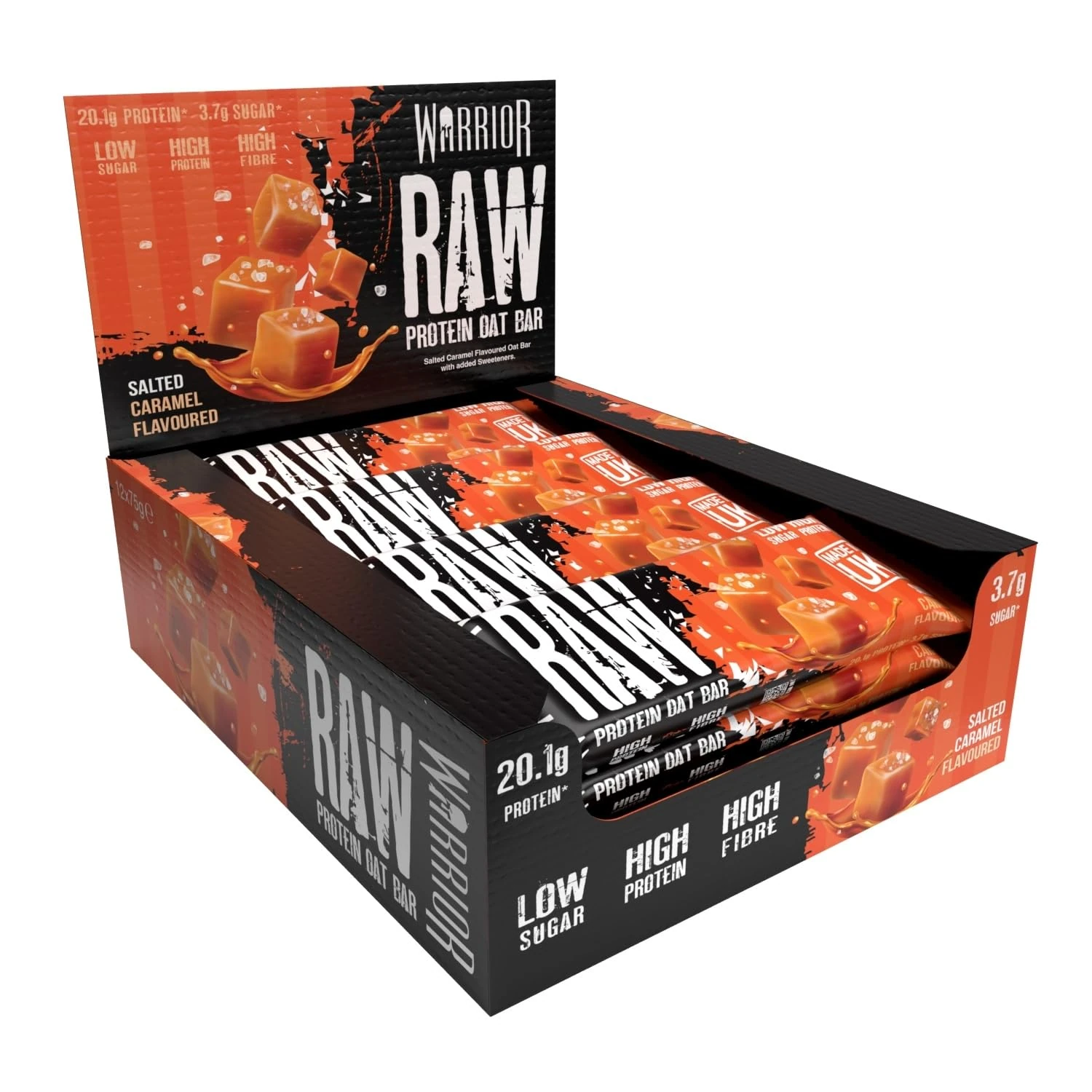 Warrior Raw Protein Bars – 12 x 75g High Protein Snack – High Fibre, Low Sugar – Ideal Meal Replacement or Healthy Nutrition Energy Snacks - Oat Bar Flapjacks – UK Made (Salted Caramel)