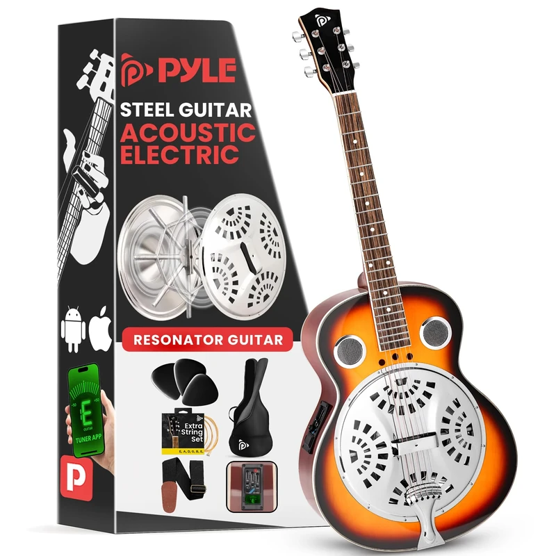 Pyle Resophonic Resonator Acoustic Electric Guitar, 6 String Round Neck Sunburst Mahogany Traditional Resonator w/Built-in Pre Amplifier, Case Bag, Strap, Steel Strings, Tuner, Picks