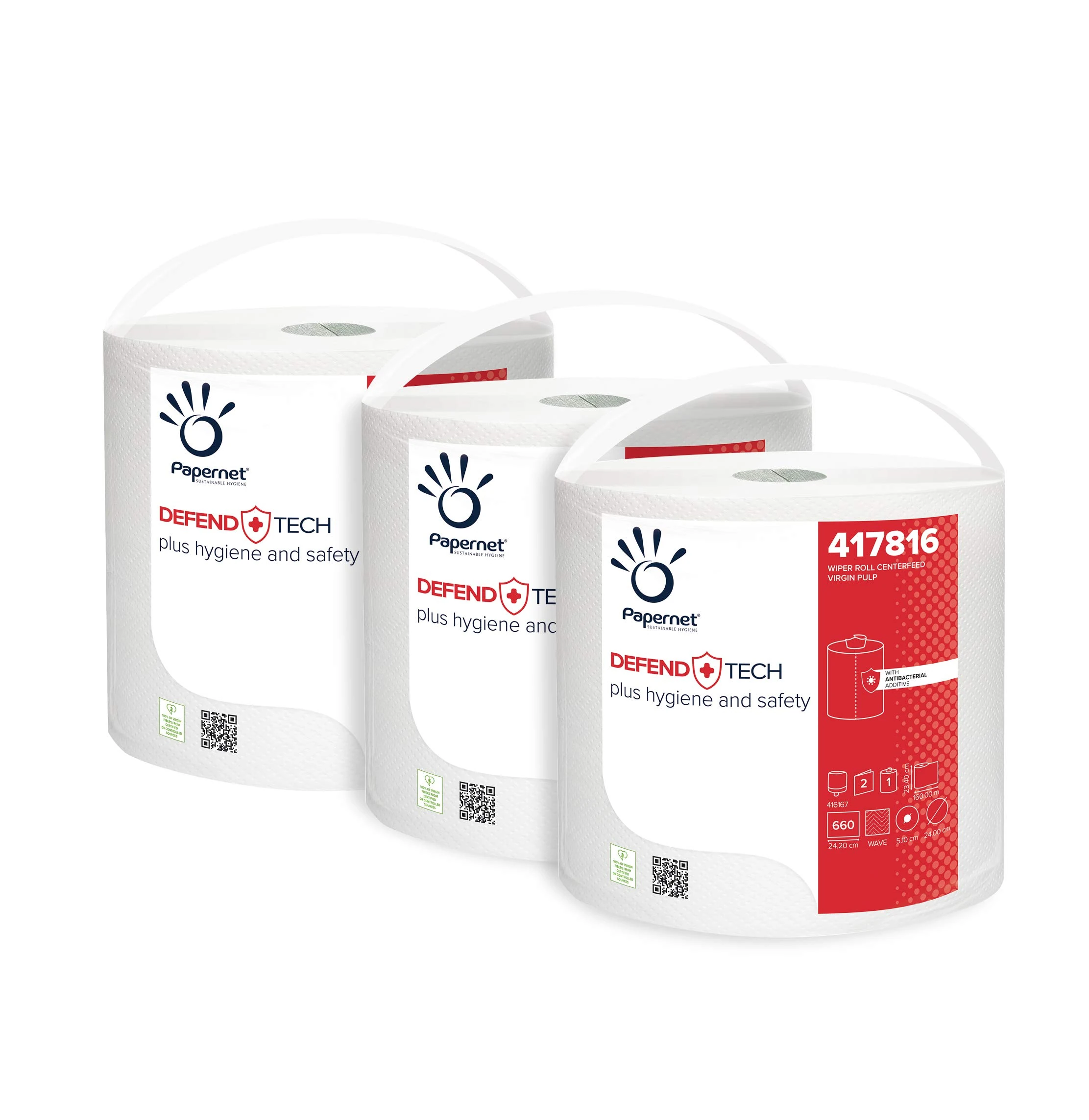 Papernet Defend Tech - Industrial Paper Roll (417816), Made with Antibacterial Formula, 3 Rolls of Pure Cellulose Drying Paper, 2 Plies, 660 Tears per Roll of 23.4 x 24.2cm