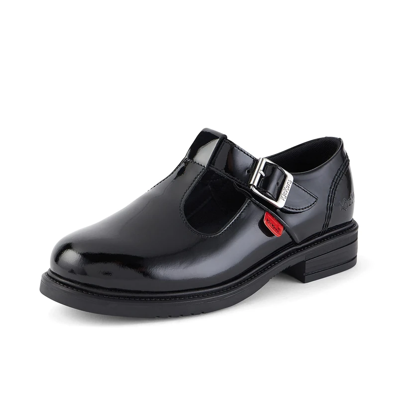 Kickers Girl's Lach T-Bar Leather School Shoes | Elegant T-Bar Style | Everyday Comfort Fit, Cushioned for All-Day Wear, Black, 2 UK Child