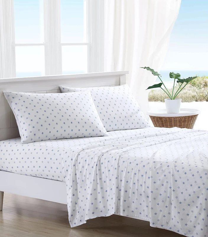 Tommy Bahama - King Sheets, Cotton Percale Bedding Set, Crisp & Cool, Stylish Home Decor (Starfish Treasure Blue, King)