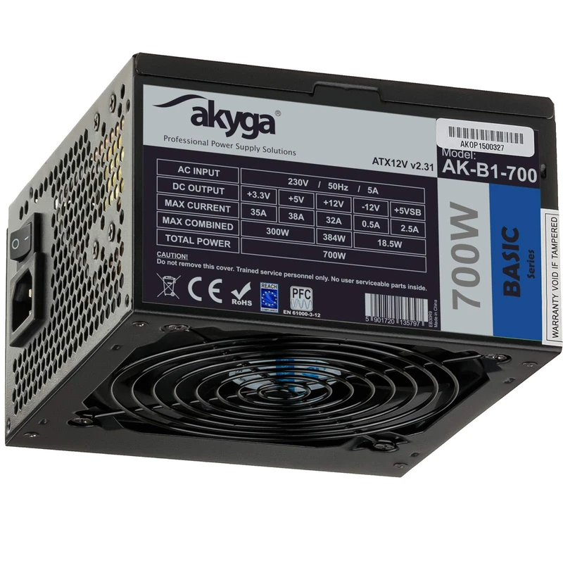 AKYGA Basic Power Supply ATX 2.31 AK-B1-700BE Black Edition 700W P4+4 PCI-E 6+2 pin, 5X SATA, PPFC, Fan 120 mm