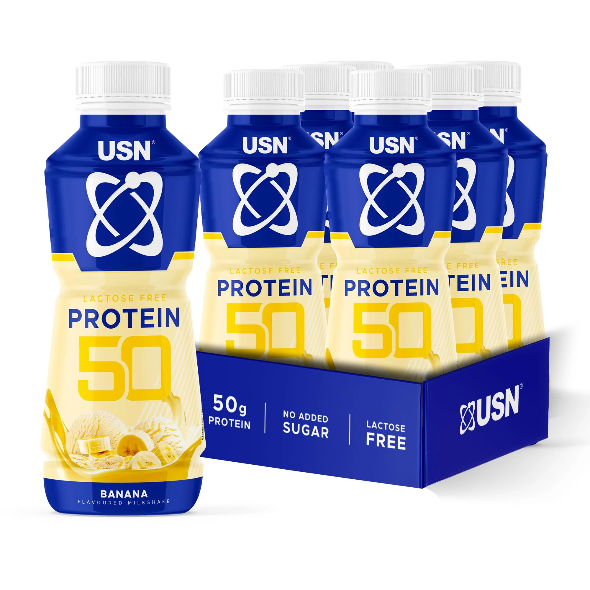 USN Trust 50 Protein Shakes Banana 6 x 500ml – High Protein Ready to Drink – 50g Protein – Low Fat – No Added Sugar – Lactose-Free – Guilt-Free Shakes for Muscle Recovery - Packaging may vary