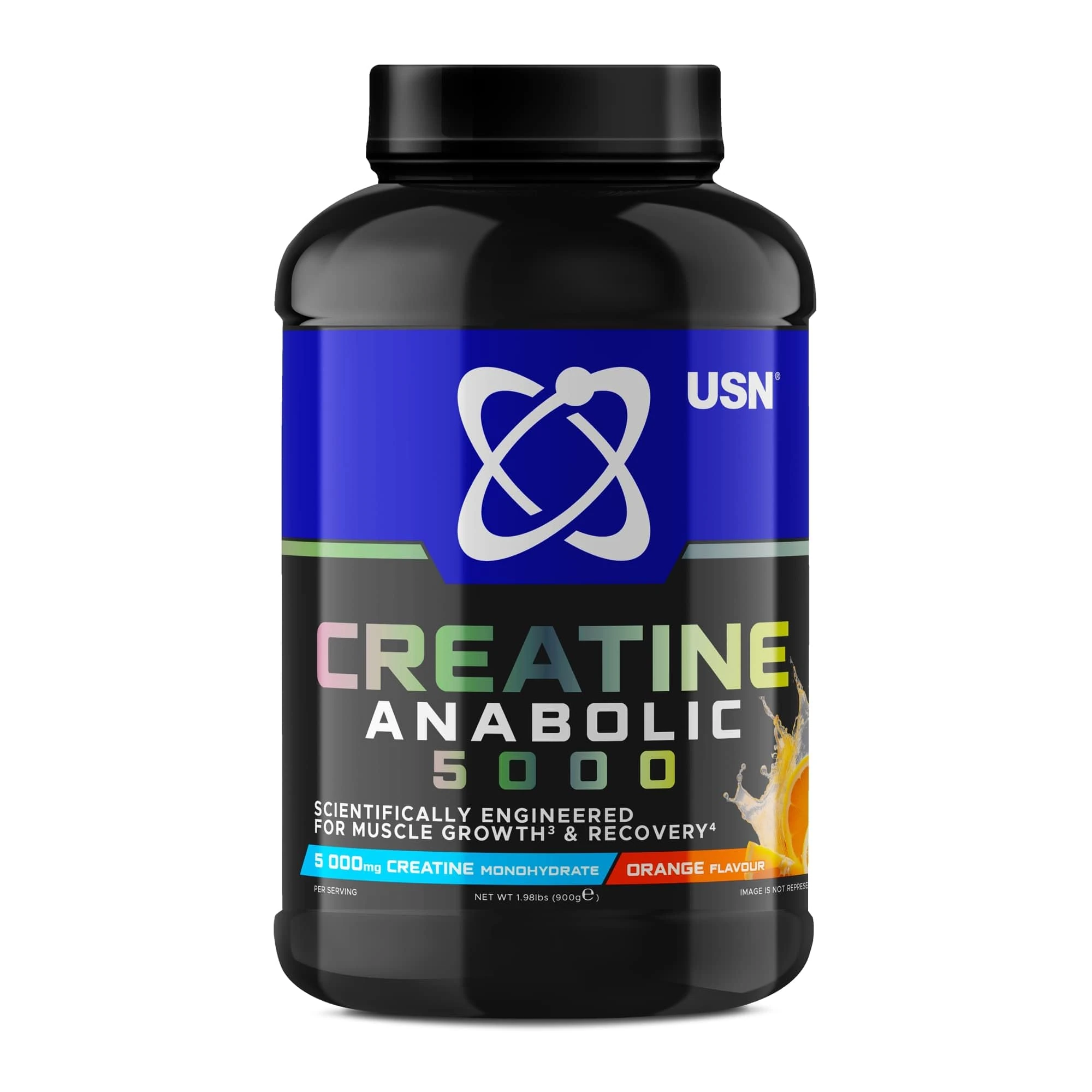 USN Creatine Anabolic 5000 – All-in-One Muscle Growth & Recovery Powder, 5000mg Creatine Monohydrate + 3000mg BCAAs, Low Sugar, Orange Flavour, 900g (30 Servings) - New Formula