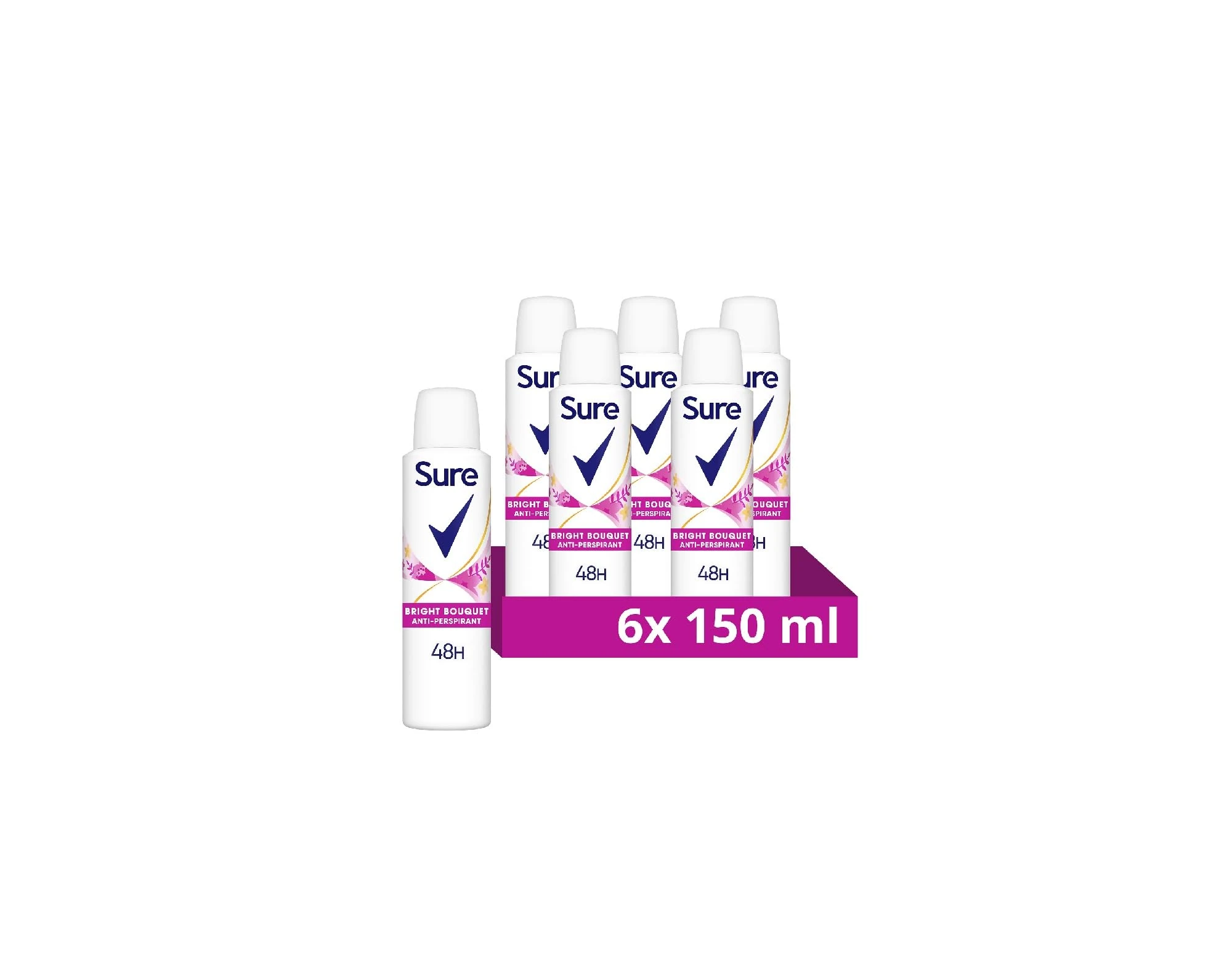 Sure Women Bright Bouquet Deodorant Body Spray Antiperspirant with a strawberry, apricot & vanilla fragrance and 48 hour sweat and odour protection 150 ml, Pack of 6