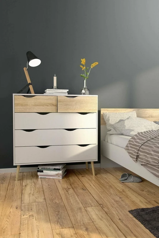 Dmora - Chest of drawers with five drawers, white and oak, Measures 98 x 100 x 39 cm