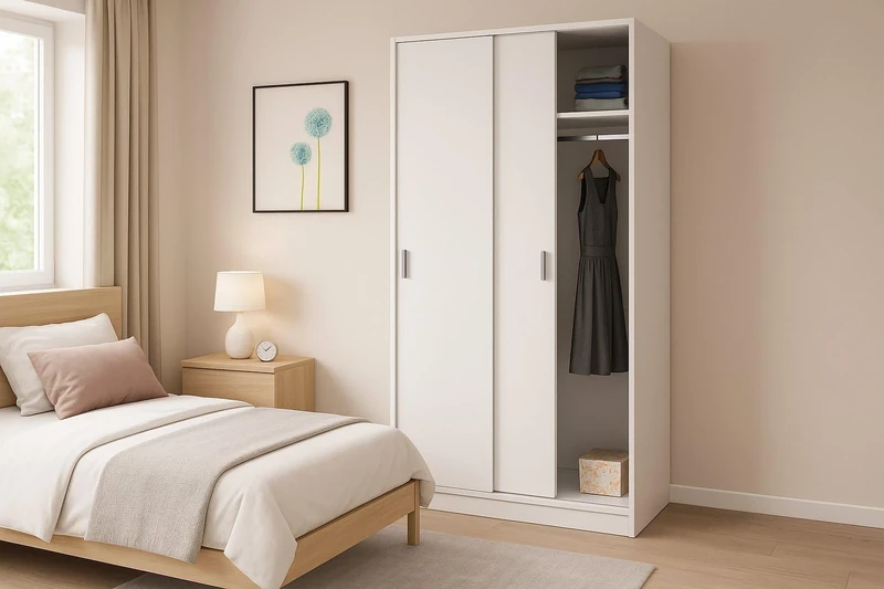 Dmora - Cloakroom Lansing, Bedroom wardrobe with 2 sliding doors, Cabinet with shelf and clothes hanger bar, 100x50h200 cm, White
