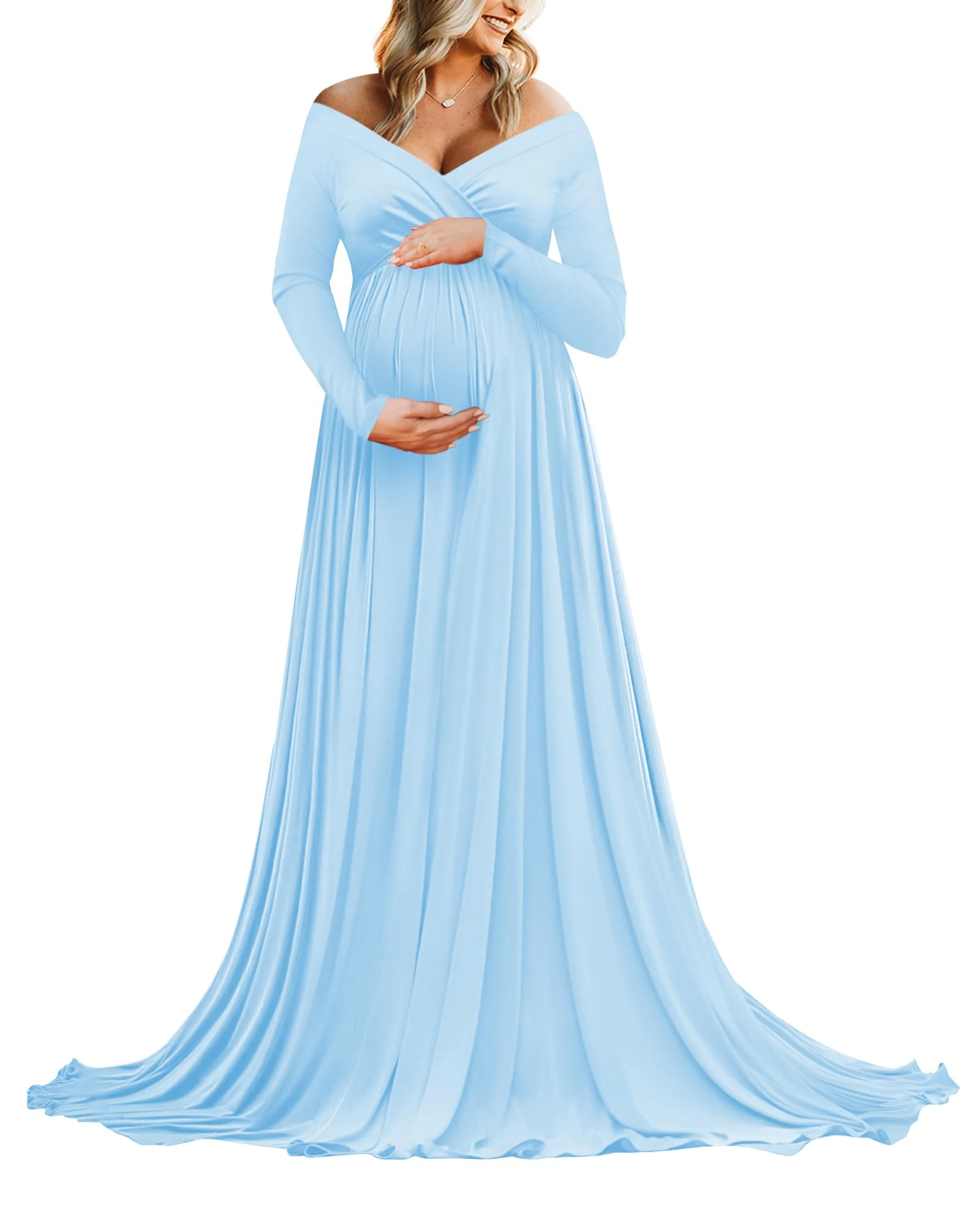 Saslax Maternity Off Shoulders Half Circle Gown for Baby Shower Photo Props Dress, N-light Blue 59, S