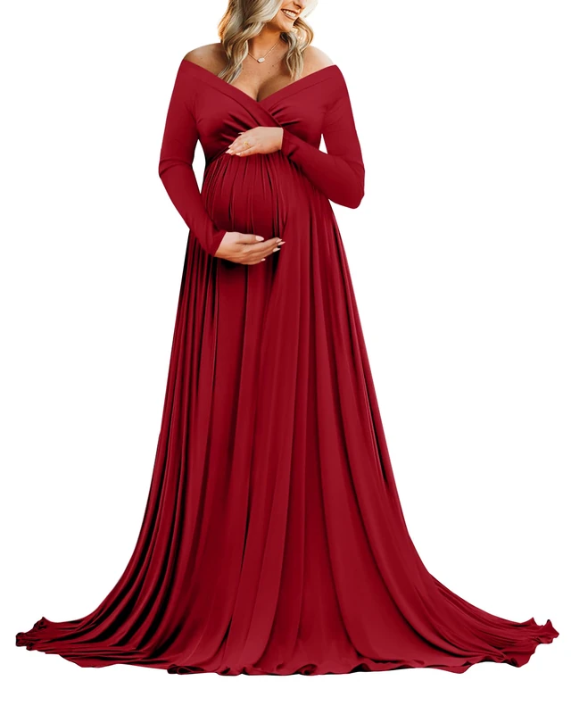 Saslax Maternity Off Shoulders Half Circle Gown for Baby Shower Photo Props Dress, 1#-Burgundy 162, M
