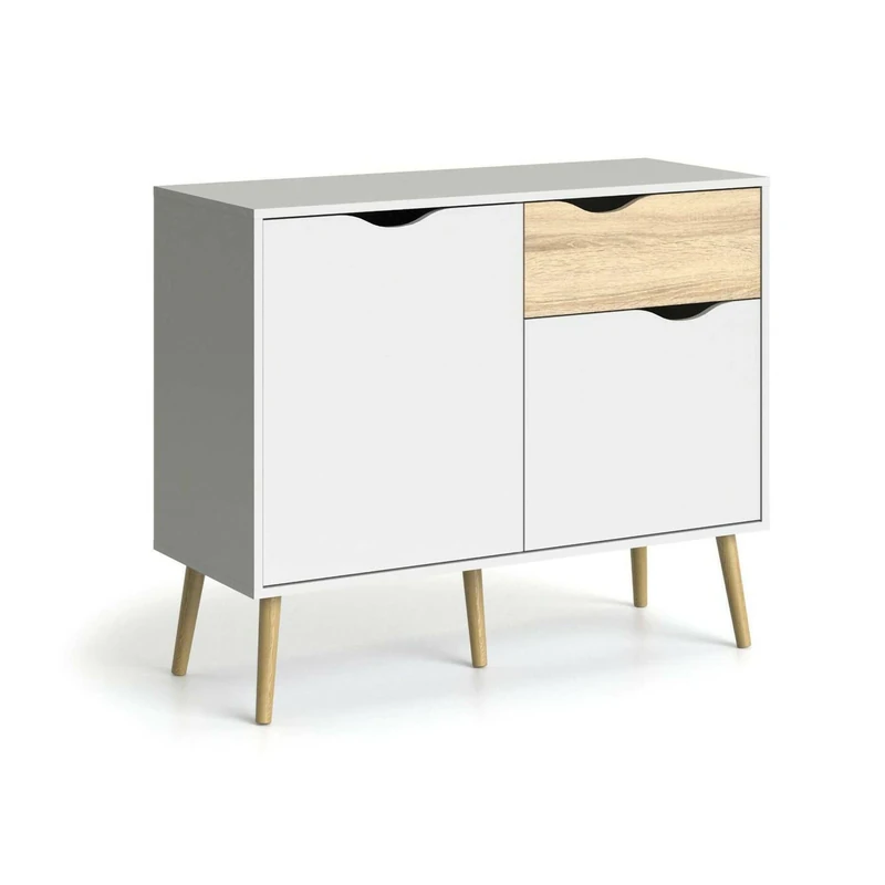 Dmora - Sideboard with two doors and one drawer, white and oak, Measures 98 x 81 x 39 cm