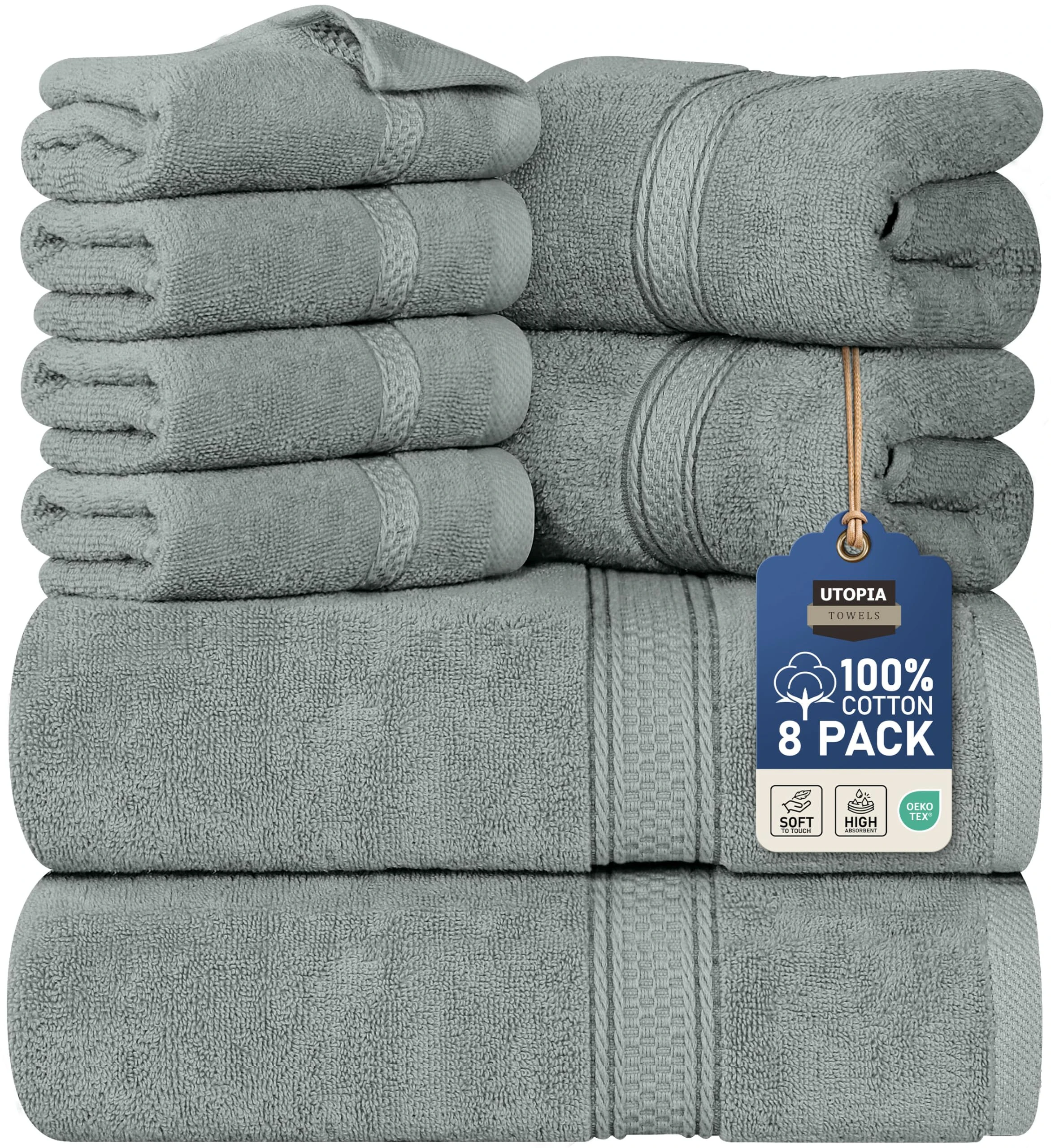 Utopia Towels 8 Piece Towel Set - 2 Bath Towels, 2 Hand Towels and 4 Washcloths Cotton Hotel Quality Super Soft and Highly Absorbent (Cool Grey)