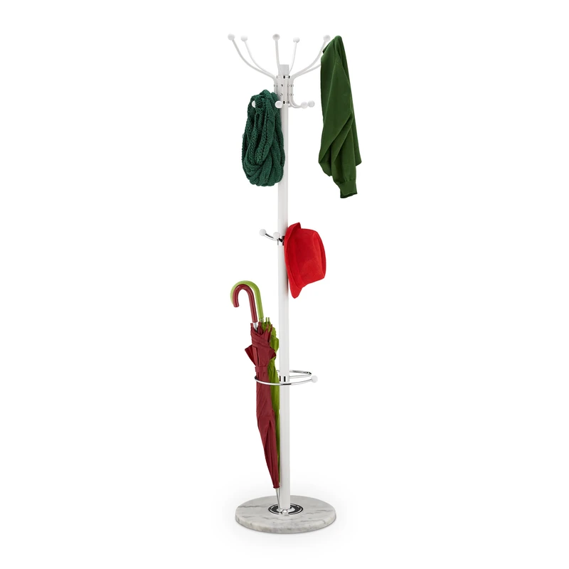 Relaxdays Coat Rack, with Marble Base, 16 Hooks & Umbrella Storage, Stable Hallway Storage, HxØ: 176.5 x 36.5 cm, White