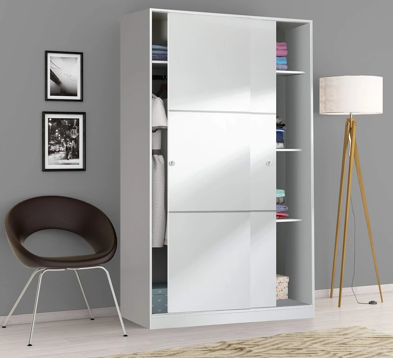 Dmora - Cloakroom Waterbury, Bedroom wardrobe with 2 sliding doors, Cabinet with 4 shelves and clothes hanger bar, 120x50h200 cm, White