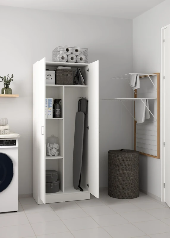 Dmora - 2 doors Multipurpose cabinet Charleston, Broom cabinet, Shoe rack with shelves, Shoe wardrobe, cm73x37h180 cm, White