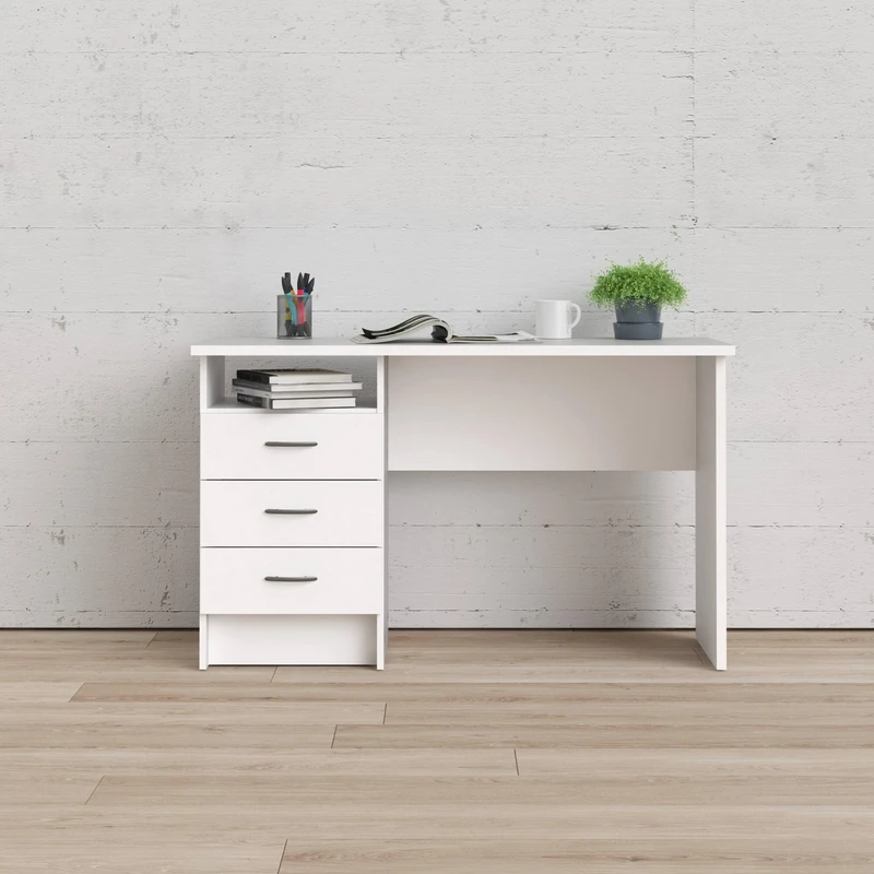 Dmora - Linear desk with three drawers, white color, Measurements 120 x 72 x 48 cm