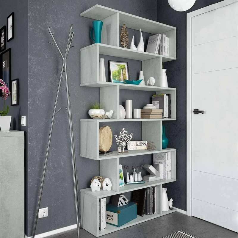 Dmora - Bookshop Joliet, High double-sided bookcase, Divider shelf with 5 shelves, Modern office shelf, 80x24h192 cm, Cement