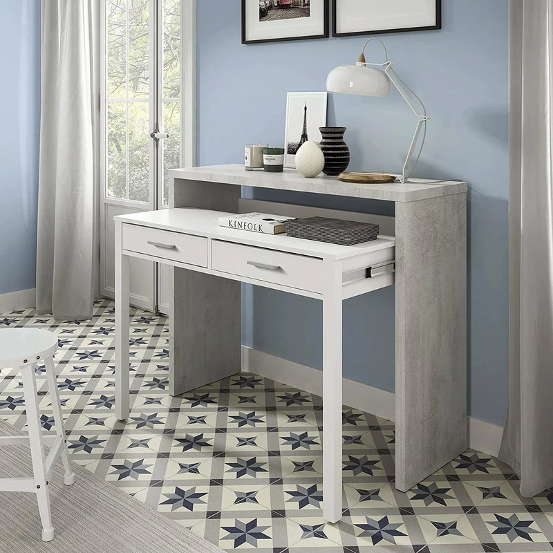 Dmora - Desk Billings, Desk with extendable top, PC desk with 2 drawers, 99x36h88 cm, Cement and White