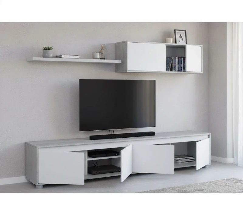 Dmora - Fitted wall Savannah, TV stand for living room, Living room set composition, Living room set with wall unit, 200x41h43 cm, White and Cement