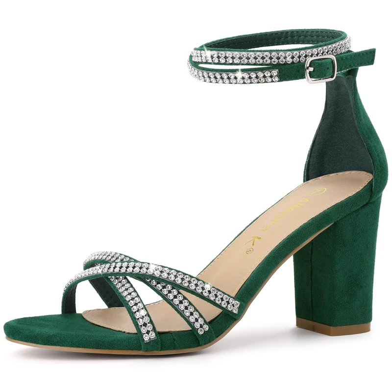 Allegra K Women's Rhinestone Ankle Strap Chunky Heel Sandals Green 8 UK/Label Size 10 US - Image 1