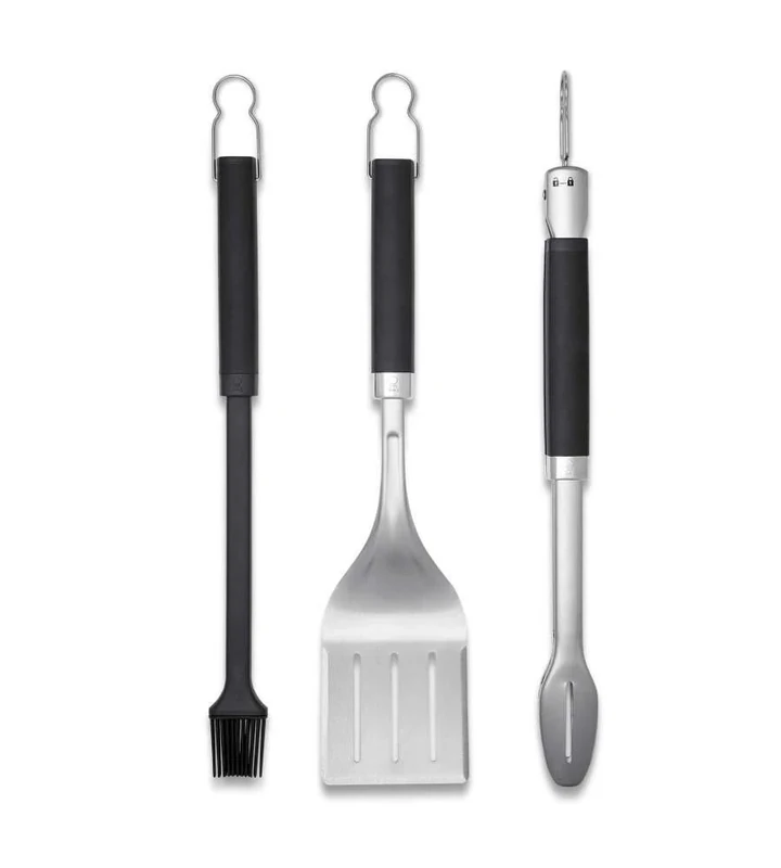 Weber Premium Grill Tool Set, 3-piece made of stainless steel, consisting of grill tongs, turner, and brush, with practical handles, dishwasher safe - Silver (6764)