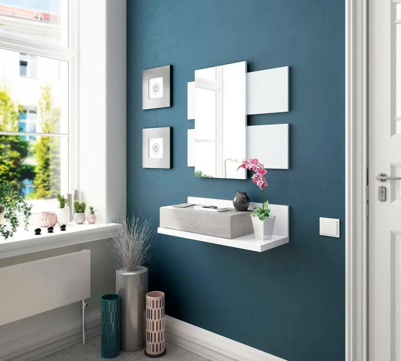 Dmora - Entrance hall cabinet Erie, Suspended entrance hall with mirror, Cabinet with drawer for entrance, 75x29h90 cm, White and Cement