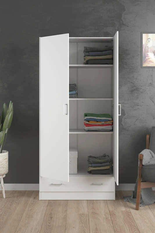 Dmora - Wardrobe with two doors and one drawer, white color, 79 x 35 x h171 cm