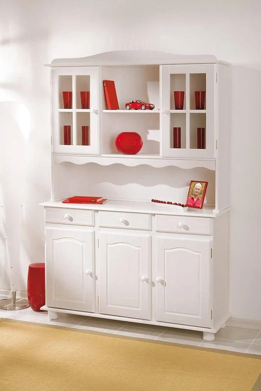 Dmora - Sideboard with three doors and drawers with upper glass cabinet, white color, 130 x 198 x 32 cm