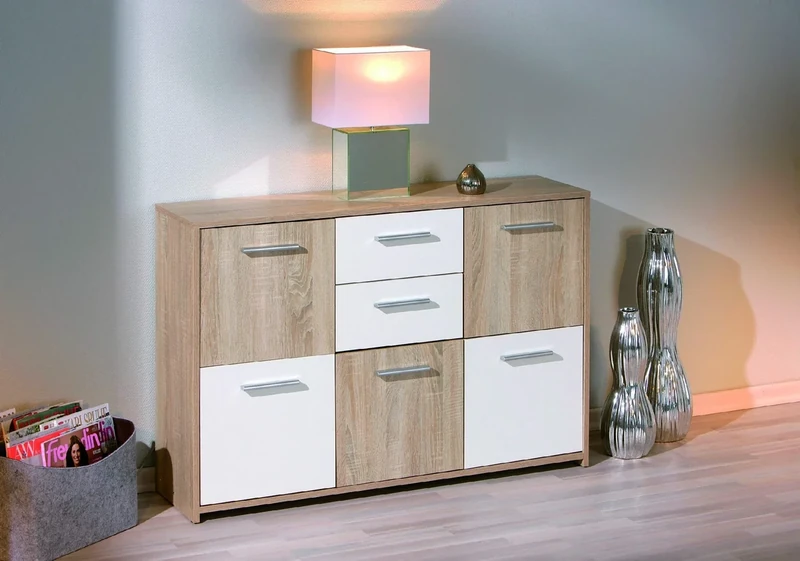 Dmora - Sideboard with five doors and two drawers in the central part, white and oak, Measurements 115 x 77 x 30 cm
