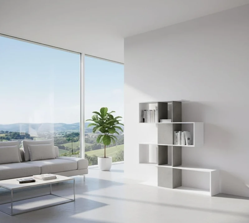 Dmora - Bookshop Pueblo, Bookcase with 7 compartments, Modern office shelf, Wall unit with shelves, 145x28h145 cm, White and Cement