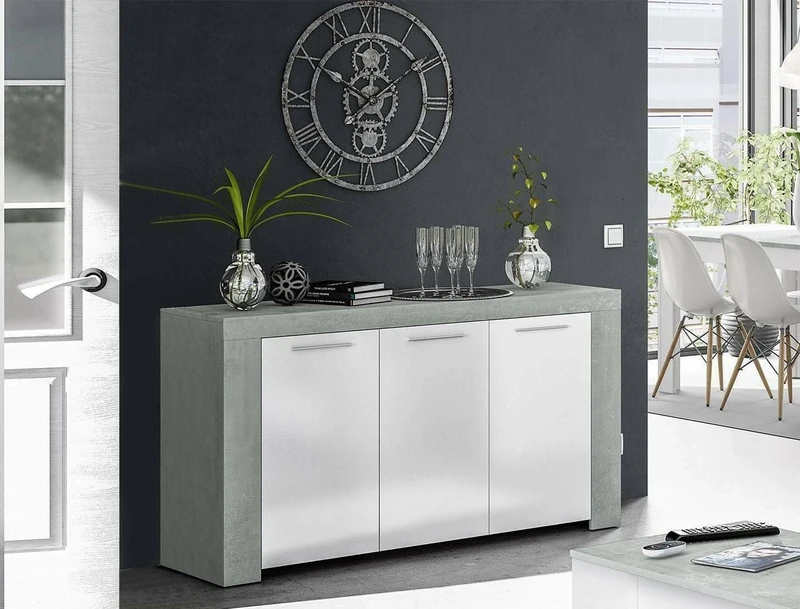 Dmora - Highboard Bellevue, Modern sideboard with 3 doors, Living room buffet, TV cabinet, Sideboard for living room, 144x42h80 cm, Concrete