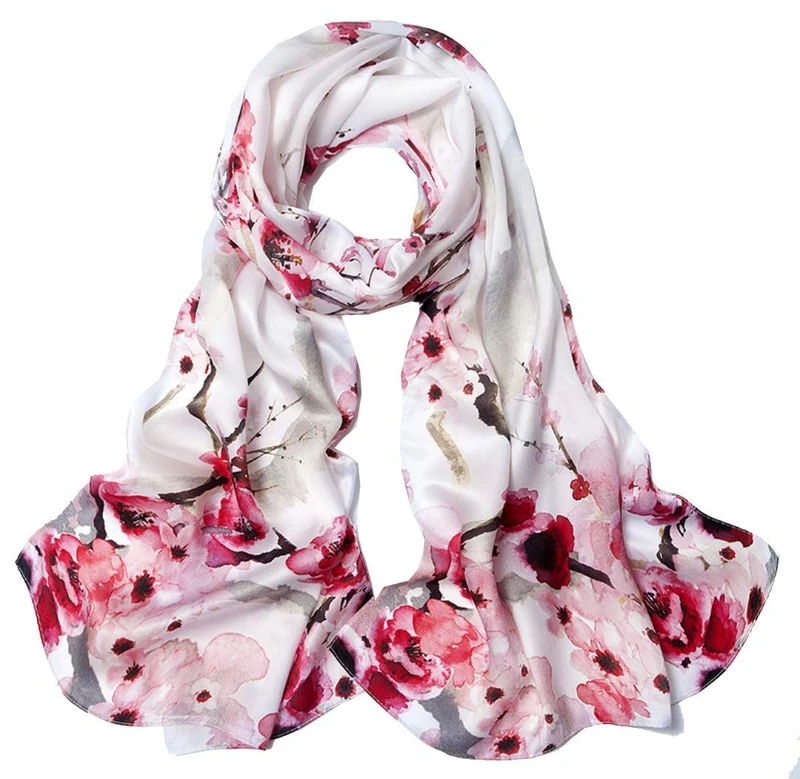 100% Mulberry Silk Long Scarf for Women Large Shawls for Headscarf and Neck- Oblong Hair Wraps with Gift Packed …, Wintersweet Flower, Large