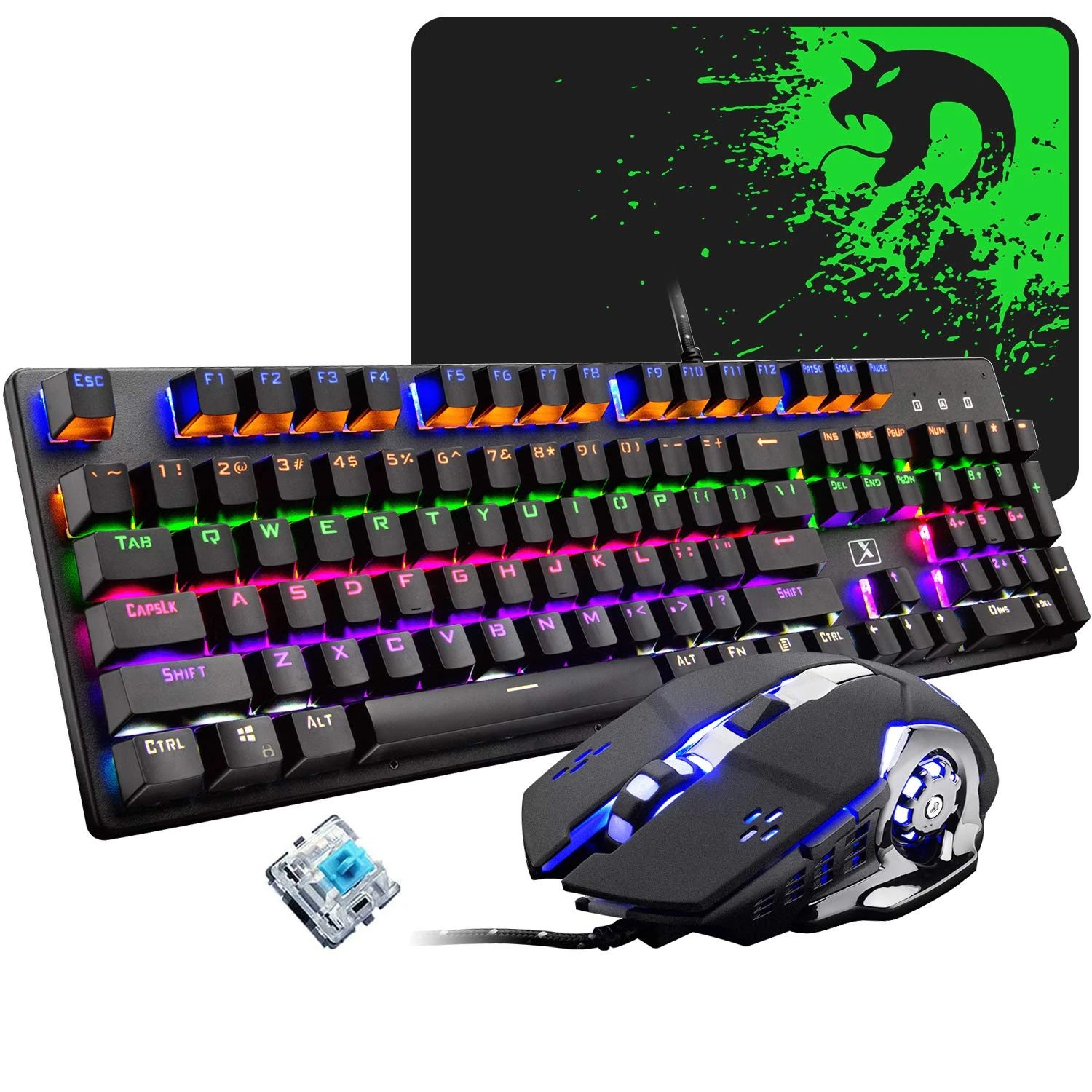 Mechanical Gaming Keyboard Rainbow LED Backlit Gaming Keyboard Blue Switch 104 Keys Full Anti-ghosting for PC Gamers and Typists (Black)