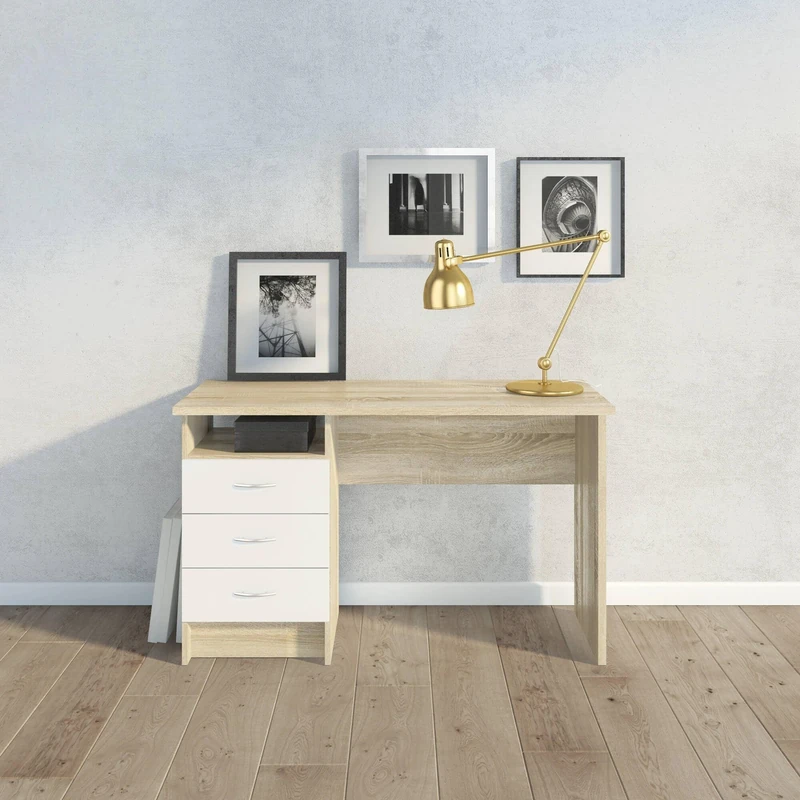 Dmora - Linear desk with three drawers, white oak color, Measurements 120 x 72 x 48 cm