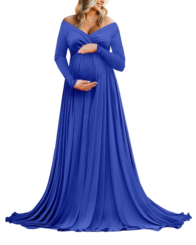 Saslax Maternity Off Shoulders Half Circle Gown for Baby Shower Photo Props Dress, N-Blue 135, S