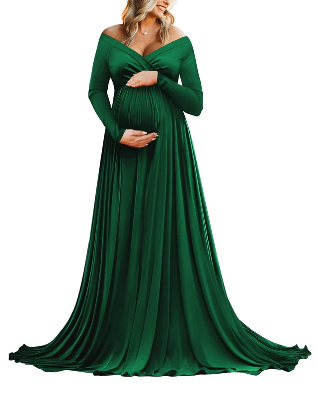 Saslax Maternity Off Shoulders Half Circle Gown for Baby Shower Photo Props Dress, N-Green 131, L