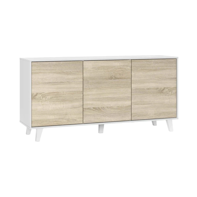 Dmora - Sideboard Arvada, Modern sideboard with 3 doors and shelves, Kitchen buffet, Living room design buffet, 154x40h75 cm, White and oak
