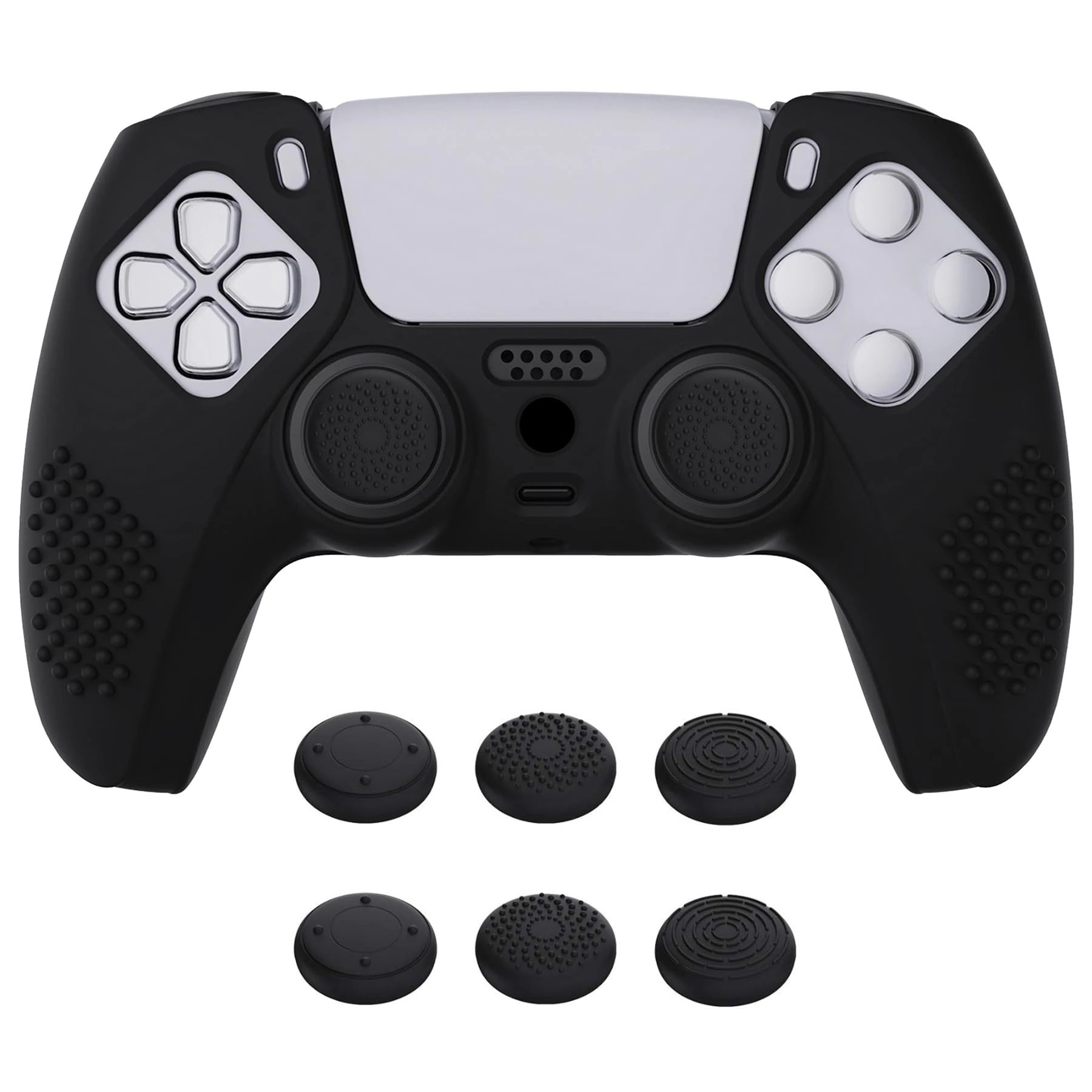 eXtremeRate PlayVital Black 3D Studded Edition Anti-slip Silicone Cover Skin for ps5 Controller, Soft Rubber Case Protector for ps5 Wireless Controller with 6 Black Thumb Grip Caps