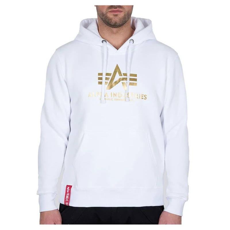 Alpha Industries Men's Basic Hoody Foil Print Hooded Sweat Sweatshirt, White/Yellow Gold, M