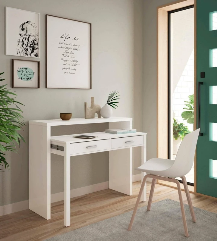 Dmora - Desk Billings, Desk with extendable top, PC desk with 2 drawers, 99x36h88 cm, White