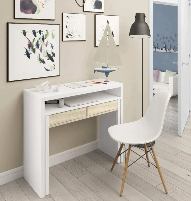 Dmora - Desk Billings, Desk with extendable top, PC desk with 2 drawers, 99x36h88 cm, White and Oak
