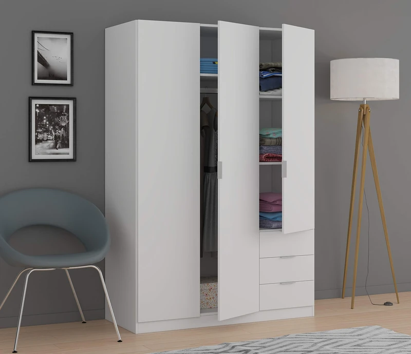 Dmora - Wardrobe Cimone, Coat rack for bedroom, Wardrobe with 3 hinged doors and 3 drawers, 121x52h184 cm, White