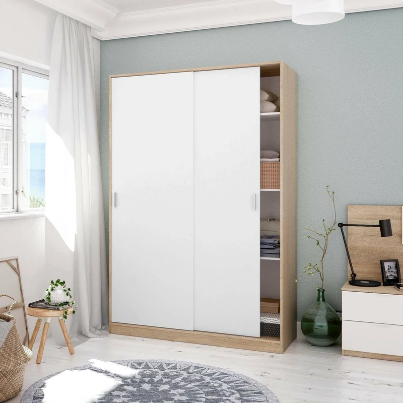Dmora - Wardrobe 2 doors Waterbury, Bedroom wardrobe, Cabinet with 4 shelves and clothes rail, 120x50h200 cm, Oak and White
