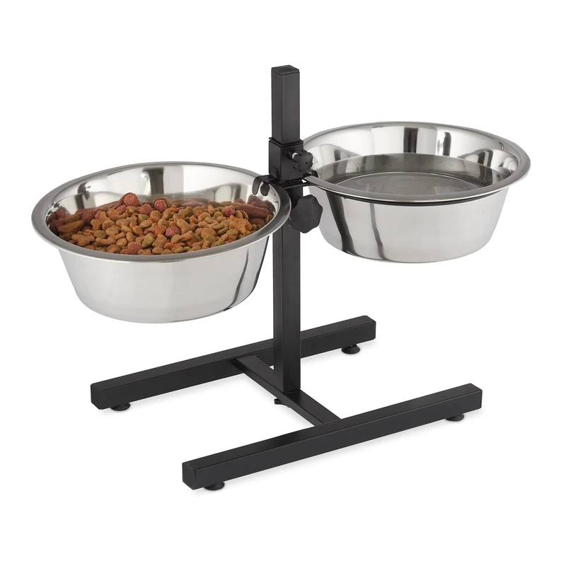 Relaxdays Stainless Steel Feeding Bowl, Set of 2, Height-Adjustable Stand, for Dogs, Non-Slip, 42 x 61 x 29 cm, Silver