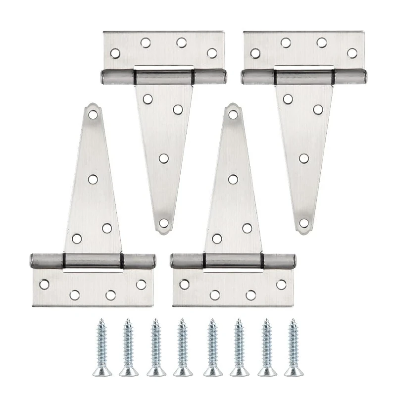 HOME MASTER HARDWARE 6 Inch Stainless Steel Gate Hinges for Wooden Fences Heavy Duty Tee Hinges,Shed Door Hinge,T-Strap Hinge for Outdoor Barns Gate with Screws 4 Pack