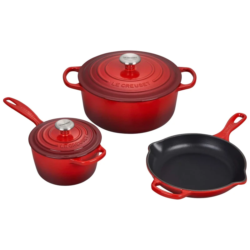 Le Creuset Signature Cerise Enameled Cast Iron 5 Piece Cookware Set with Stainless Steel Knobs